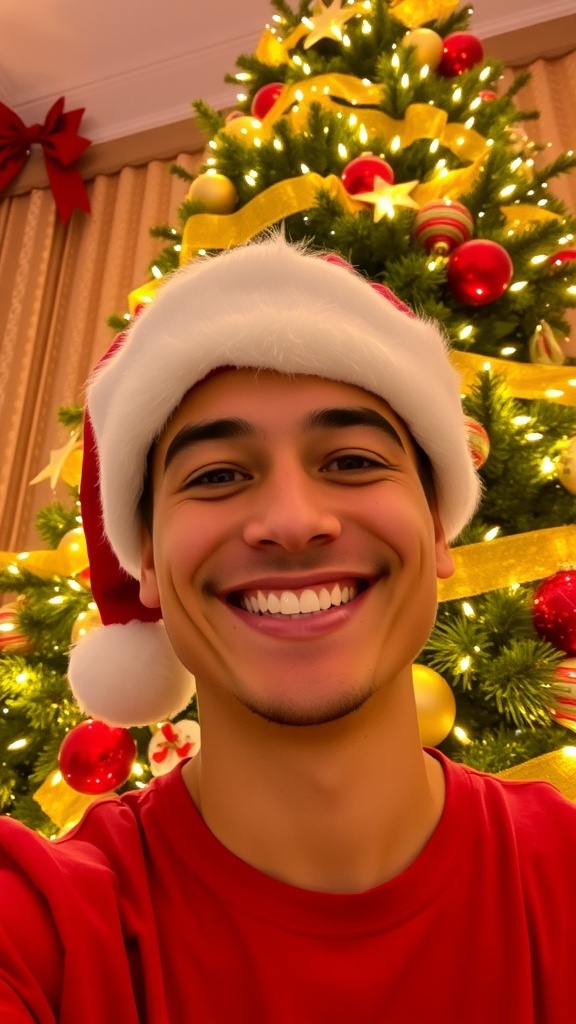 A person in a Santa hat smiling with Christmas lights and a decorated tree in the background.